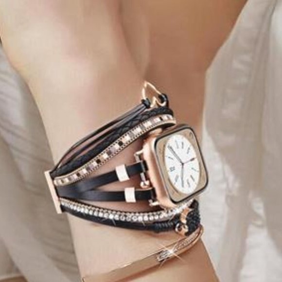NEW Black/Gold Boho Beaded Leather Apple Watch Band